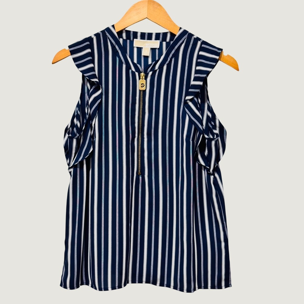 Michael Kors Blouse Women Small Navy White Striped Ruffle Zip Sleeveless Top MK